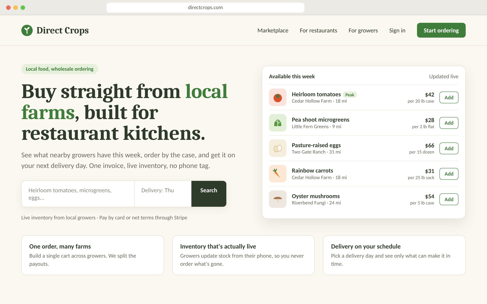 Recreated Direct Crops landing page showing local produce listings with farm names, distances, and case prices